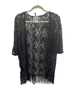 Mauve Black Lace Fringe Kimono
